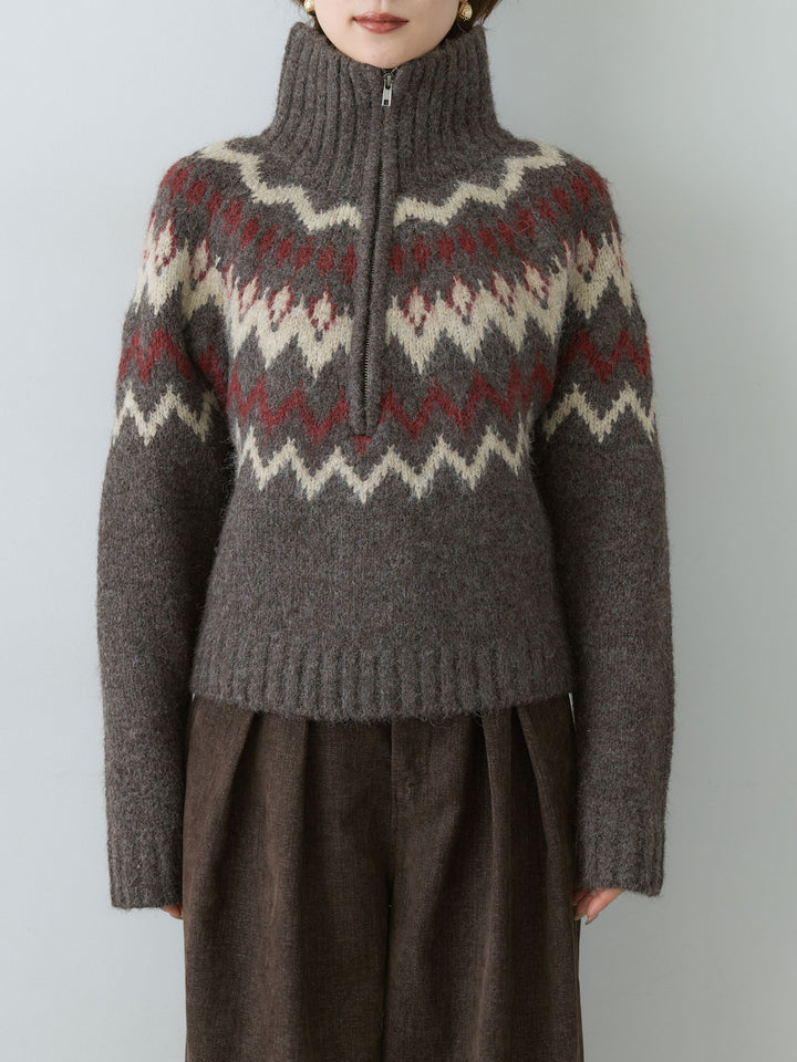 [予約]ノルディックハーフジップニットトップス/brown