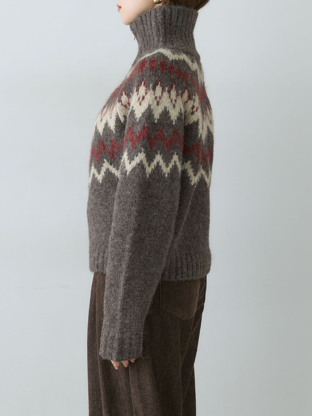 [予約]ノルディックハーフジップニットトップス/brown