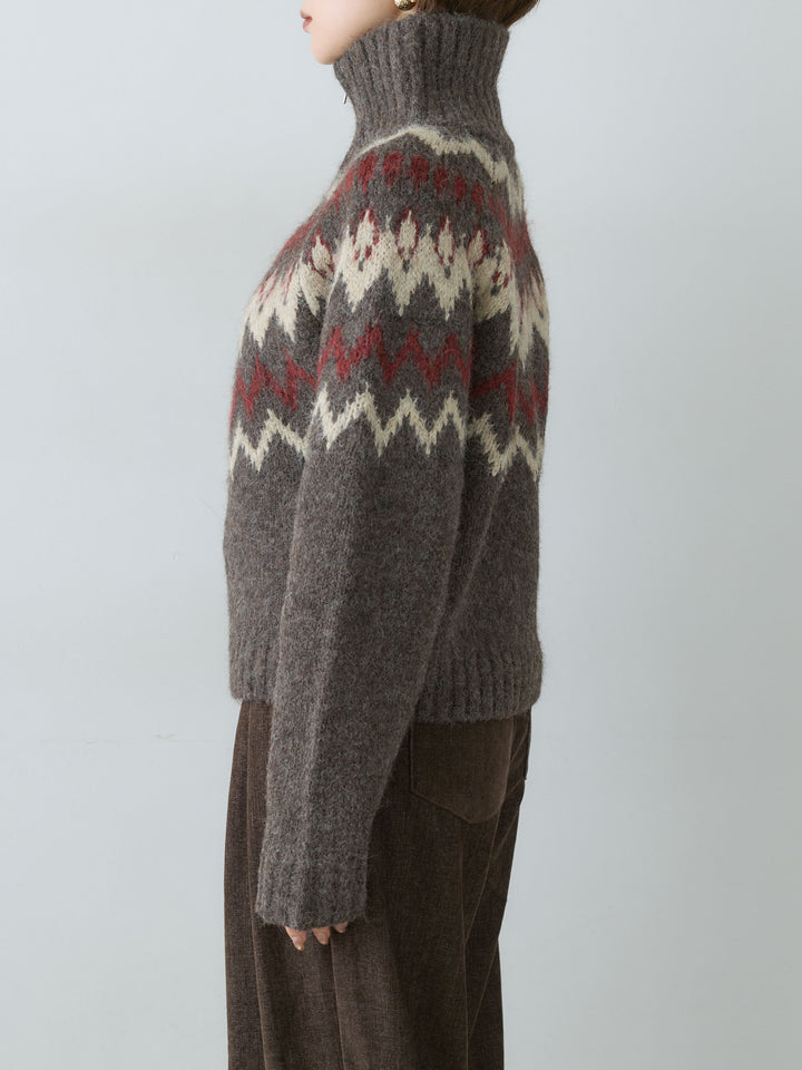 [予約]ノルディックハーフジップニットトップス/brown