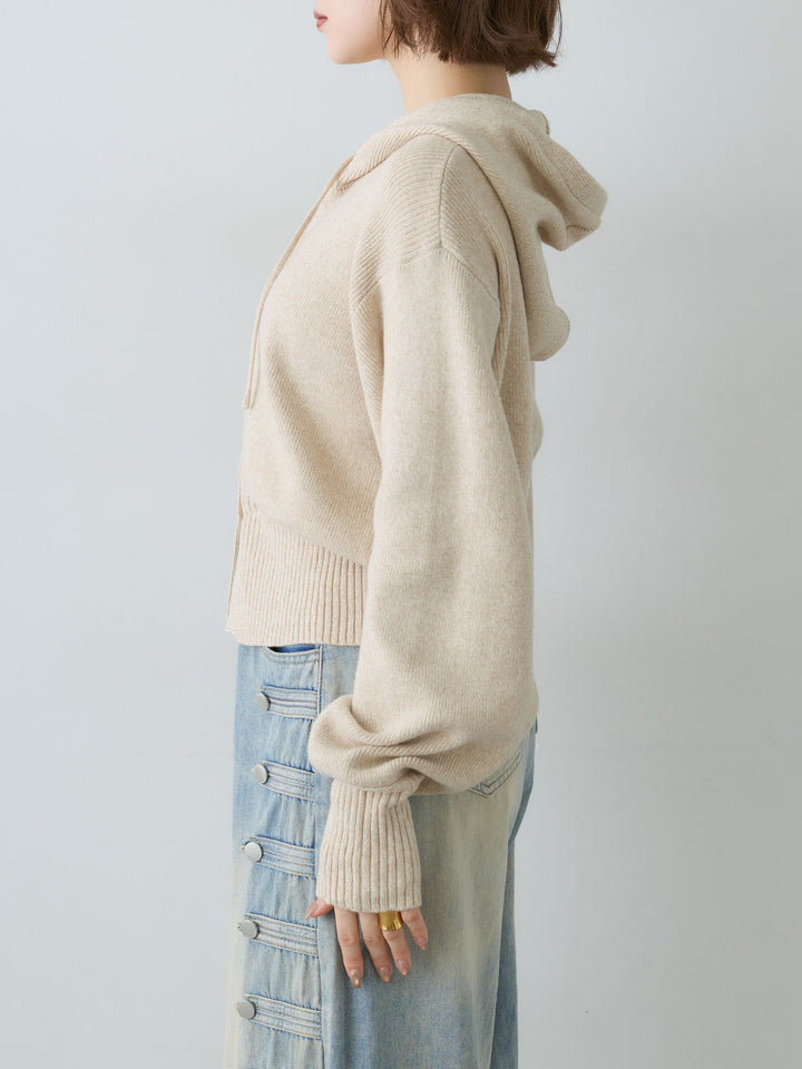 [予約]メランジボリュームスリーブフードニットカーディガン/beige