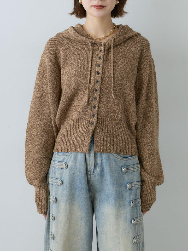 [予約]メランジボリュームスリーブフードニットカーディガン/brown