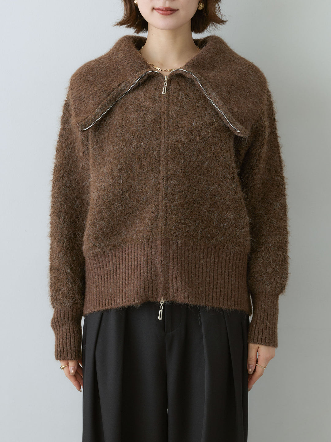 [予約]ビッグカラーシャギーニットブルゾン/brown
