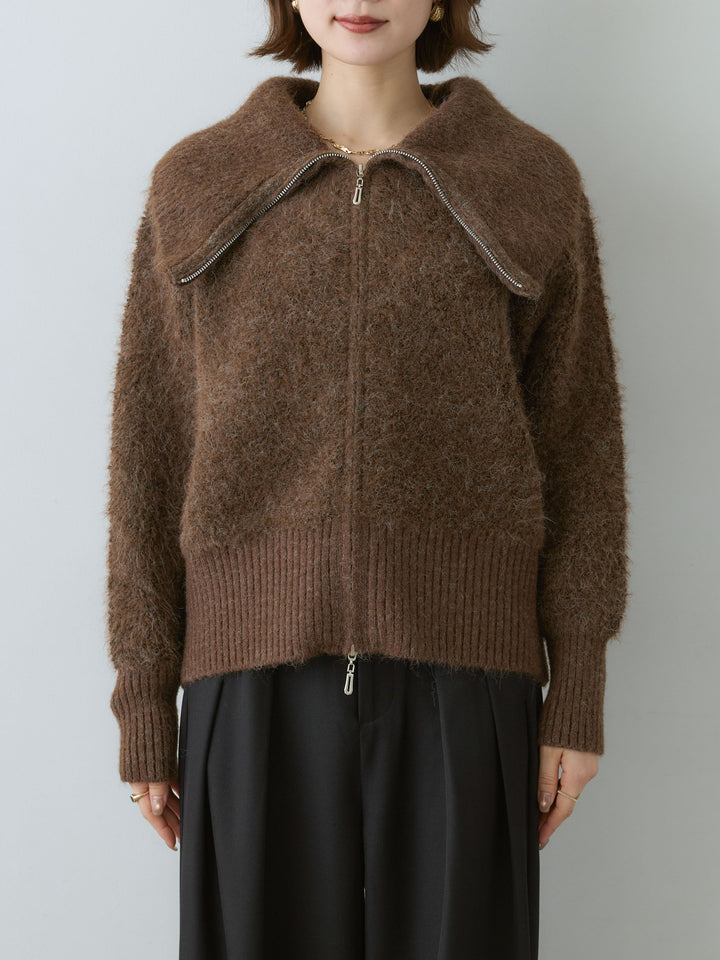 [予約]ビッグカラーシャギーニットブルゾン/brown