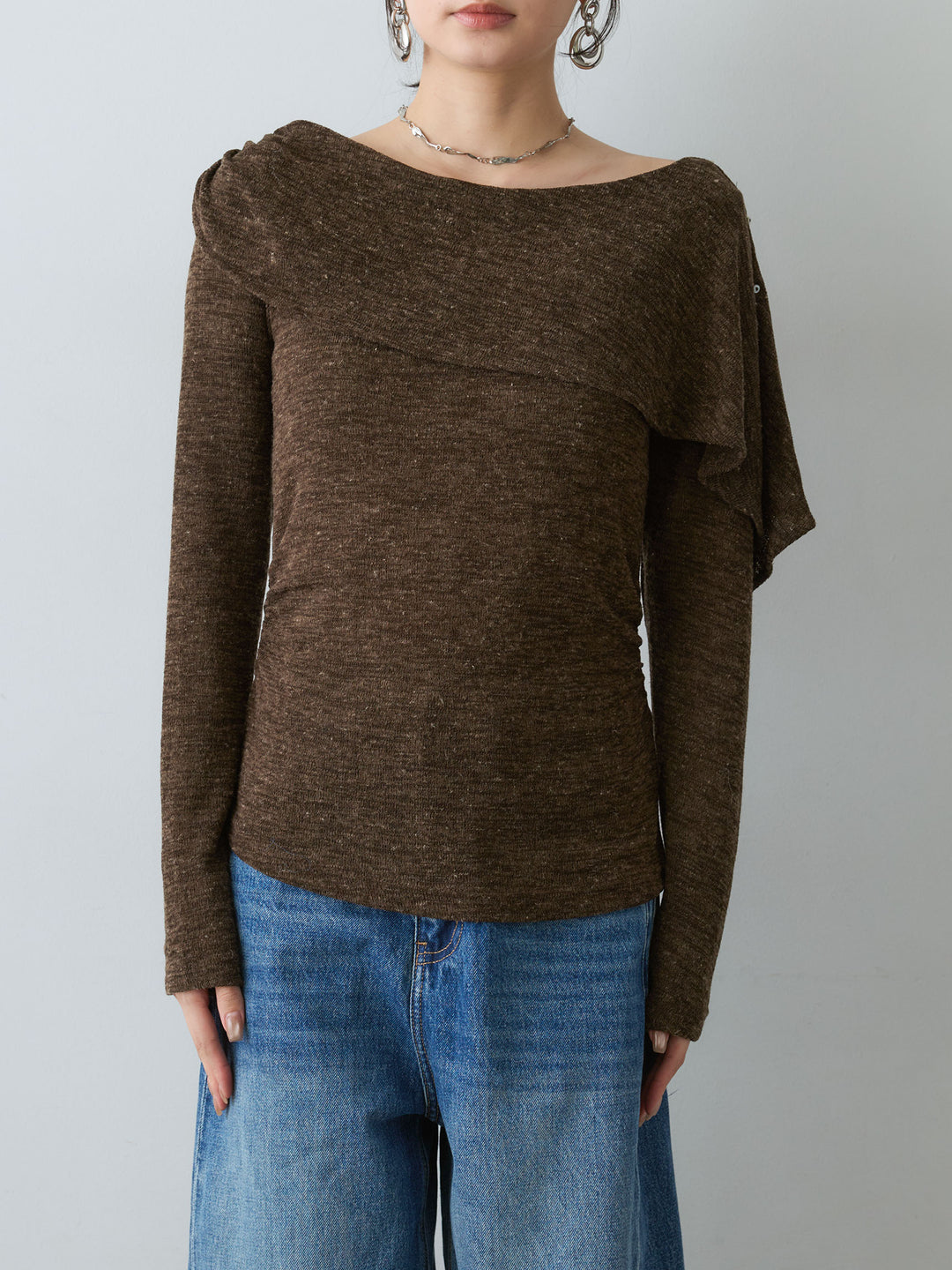 [予約]サイドギャザーアシメケープデザイントップス/brown