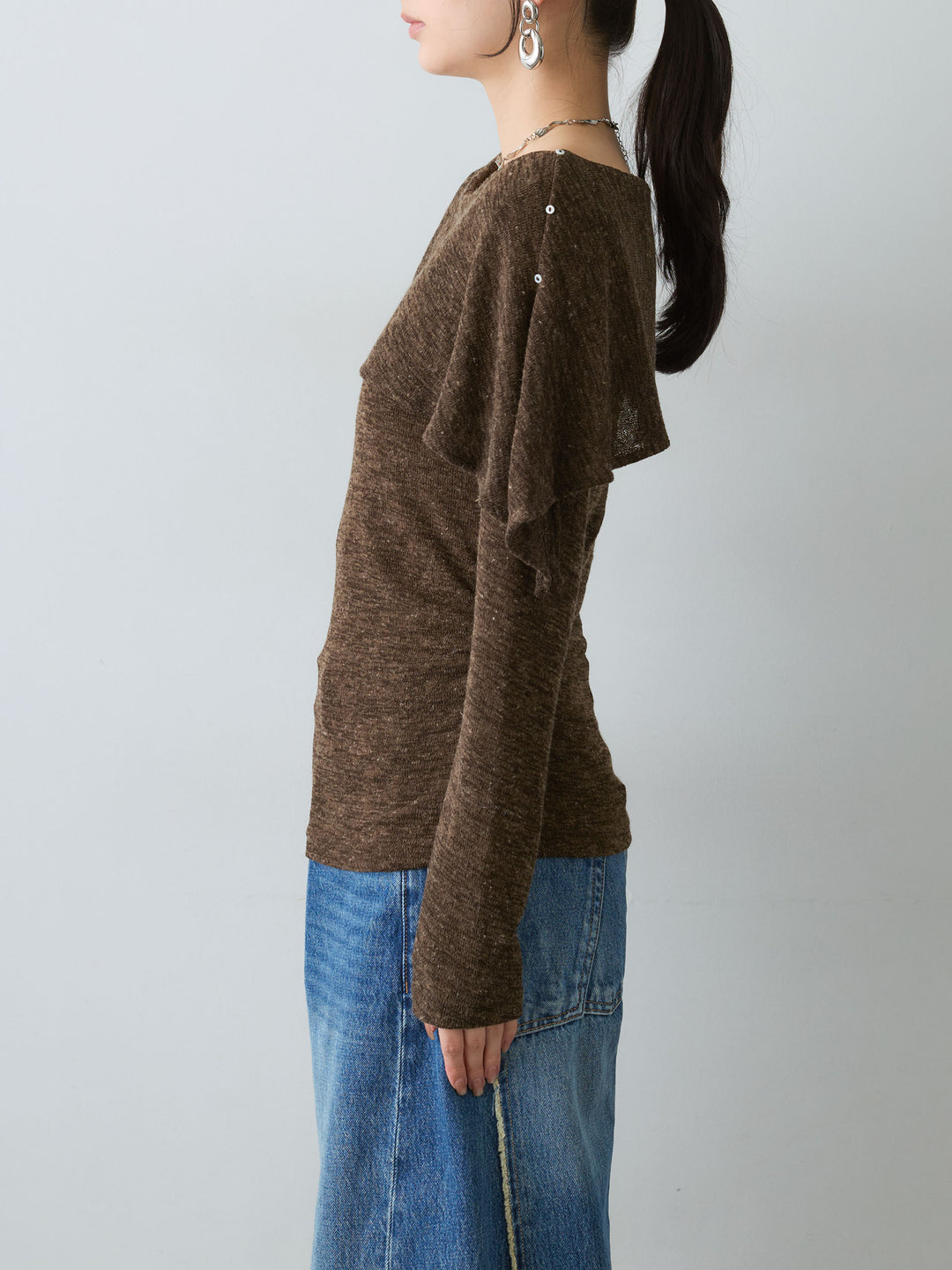 [予約]サイドギャザーアシメケープデザイントップス/brown