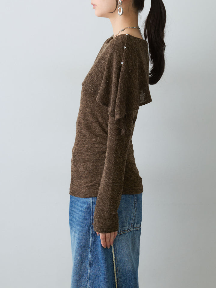 [予約]サイドギャザーアシメケープデザイントップス/brown