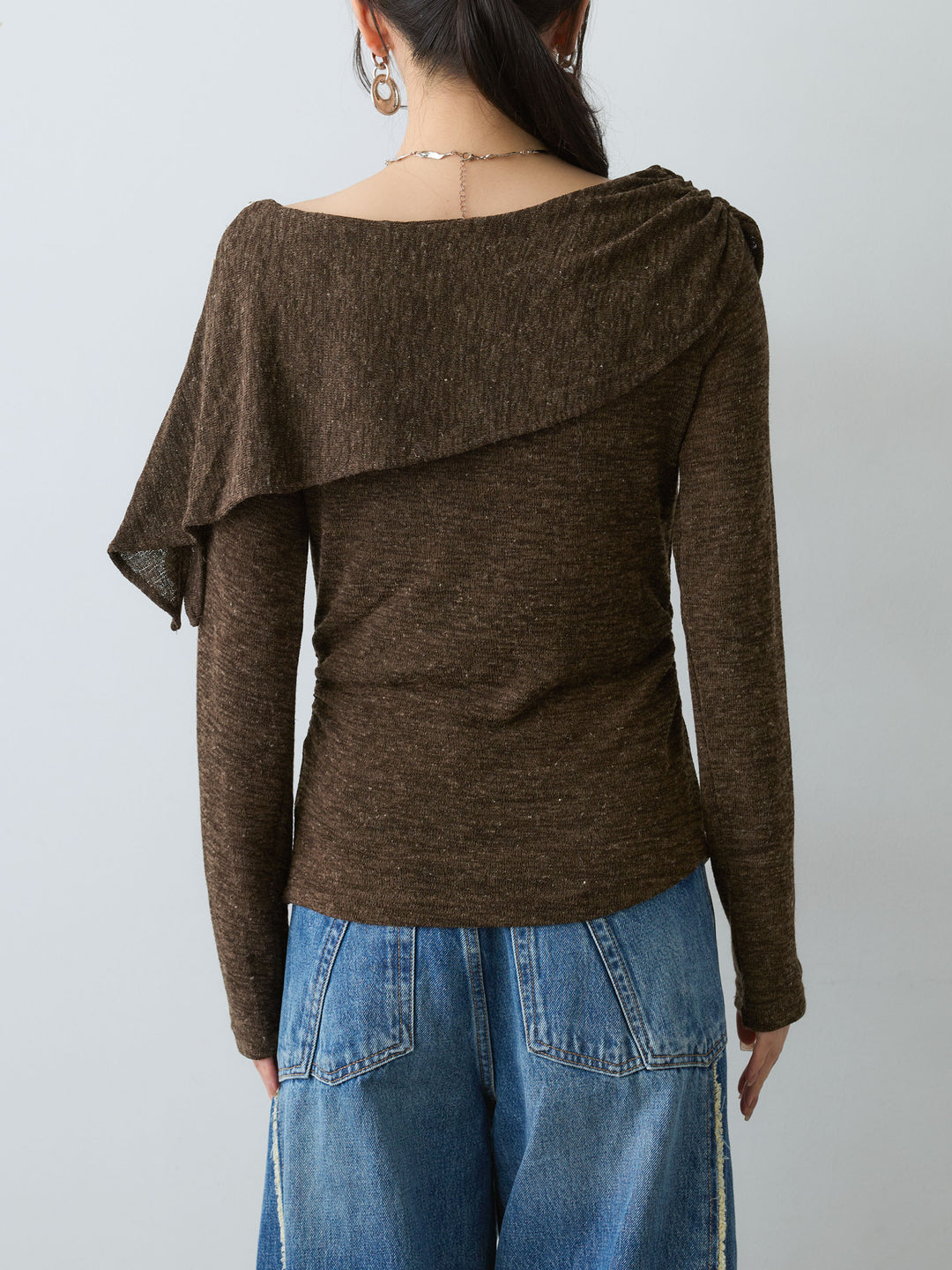 [予約]サイドギャザーアシメケープデザイントップス/brown