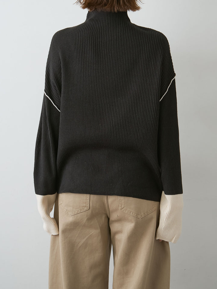 [予約]バイカラーモックネックリブニットトップス/black