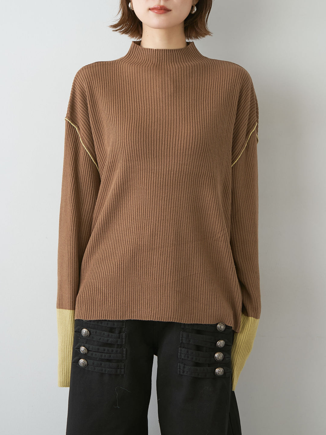 [予約]バイカラーモックネックリブニットトップス/brown