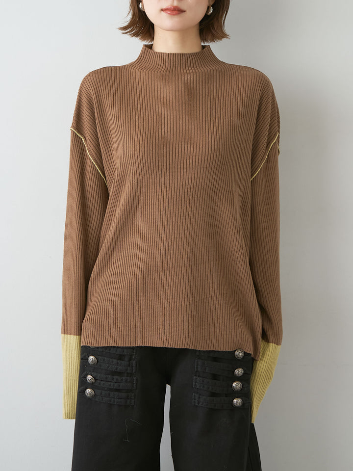 [予約]バイカラーモックネックリブニットトップス/brown
