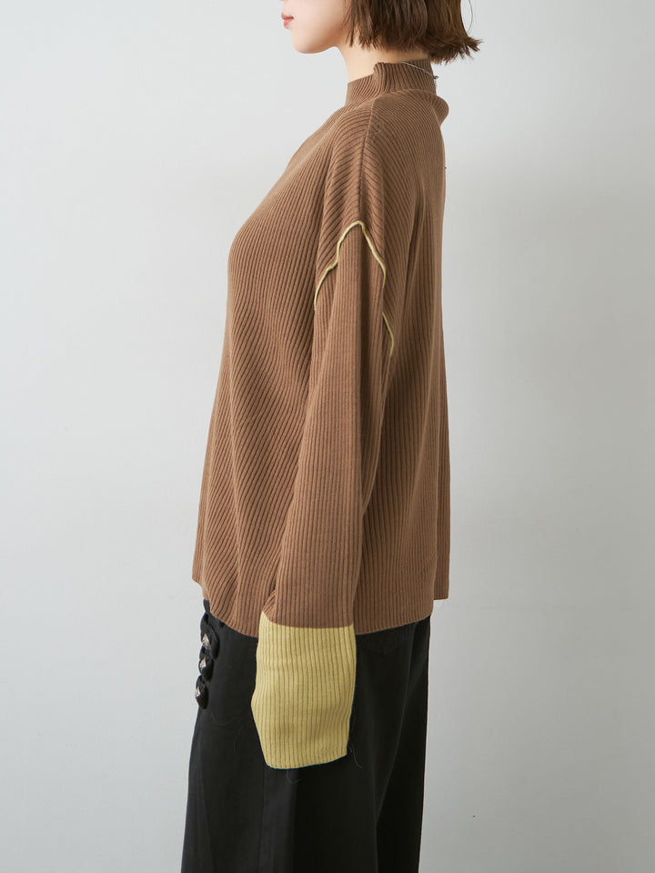 [予約]バイカラーモックネックリブニットトップス/brown