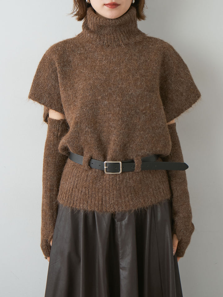 [予約]アームウォーマー付ベルテッドニットトップス/brown