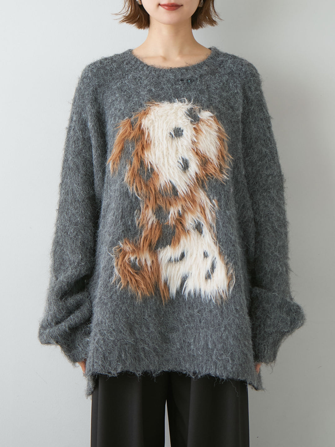 [予約]シャギードッグモチーフニットトップス/gray