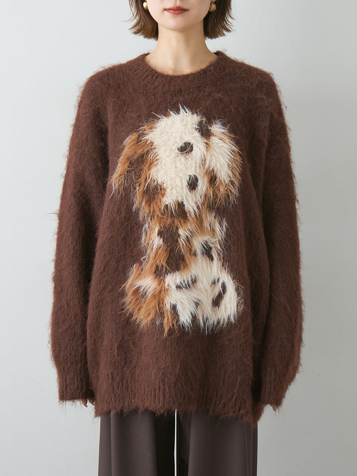 [予約]シャギードッグモチーフニットトップス/brown