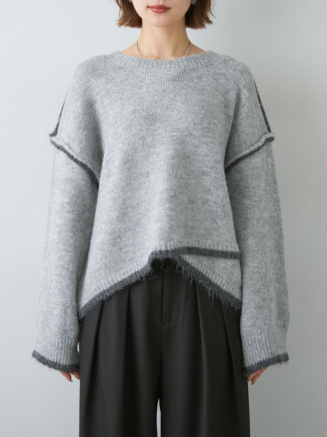 [予約]配色ラインデザインヘムニットプルオーバー/lightgray