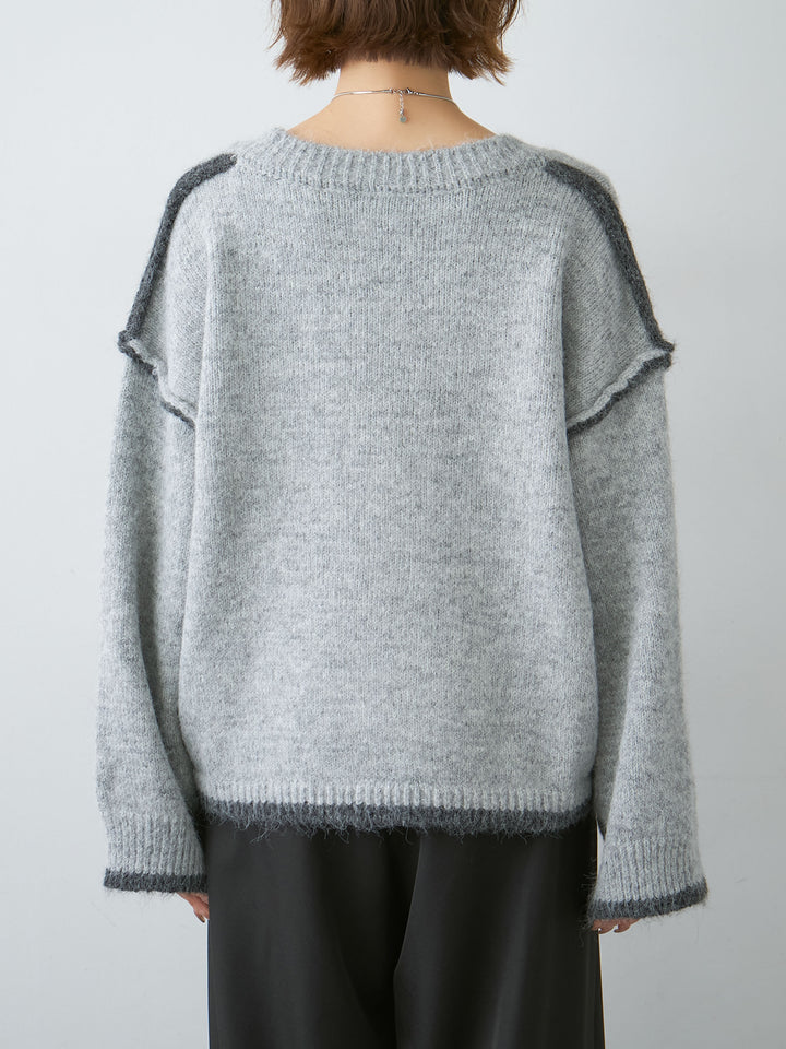 [予約]配色ラインデザインヘムニットプルオーバー/lightgray