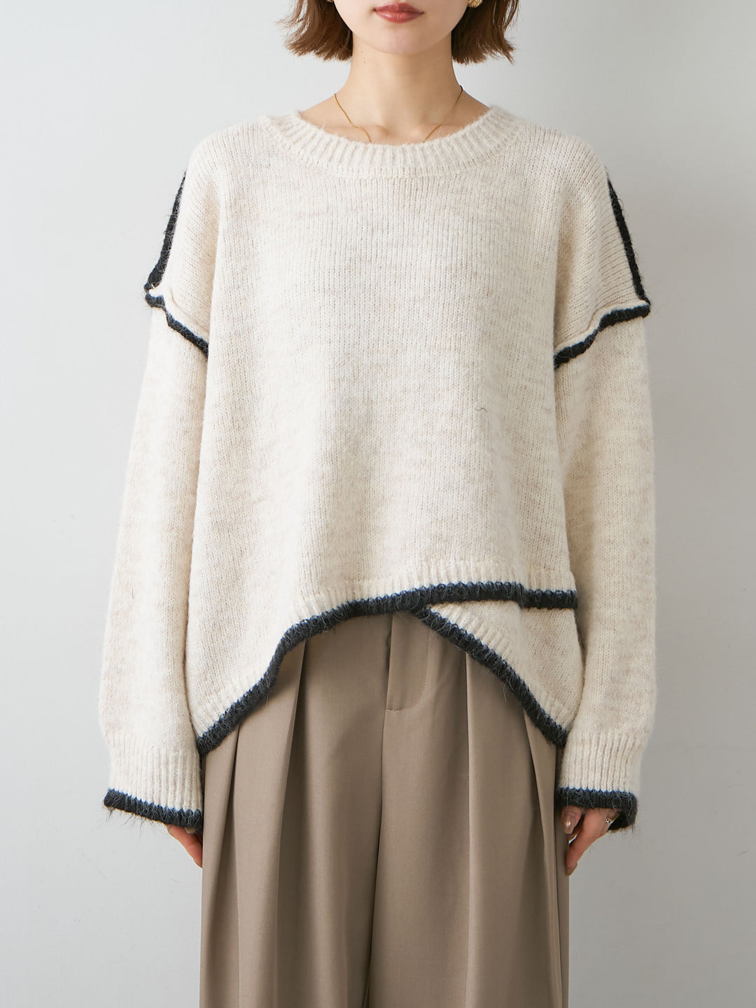 [予約]配色ラインデザインヘムニットプルオーバー/ivory