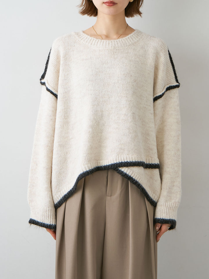 [予約]配色ラインデザインヘムニットプルオーバー/ivory