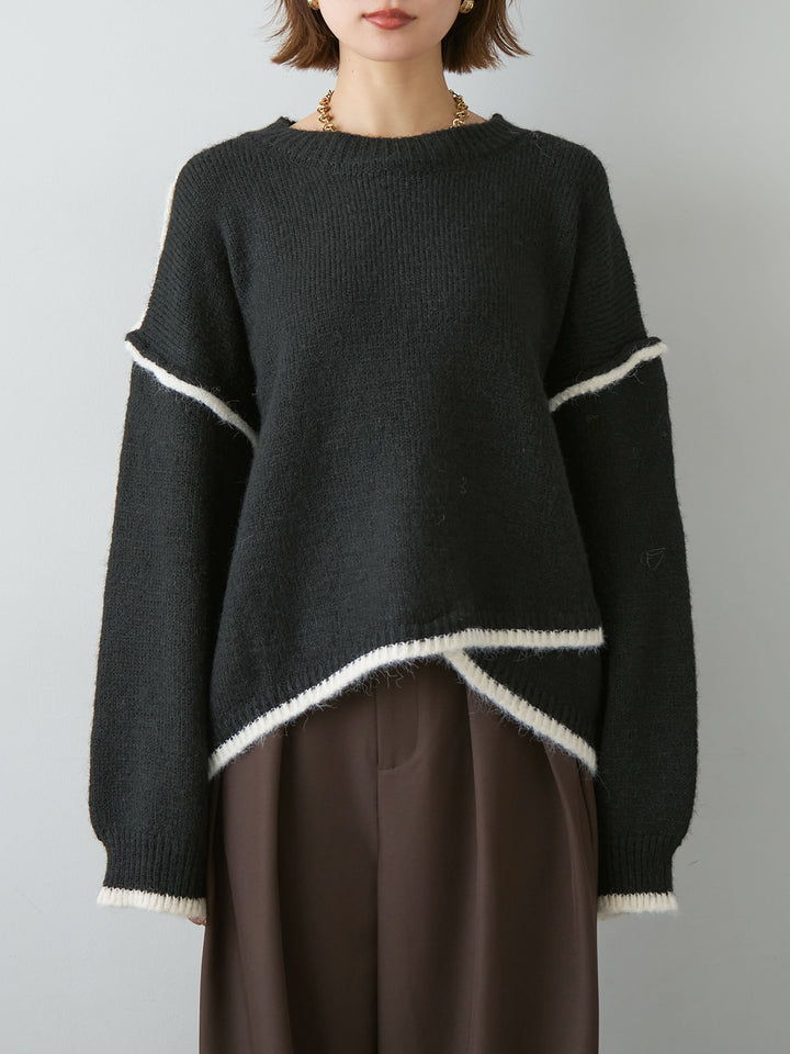 [予約]配色ラインデザインヘムニットプルオーバー/black