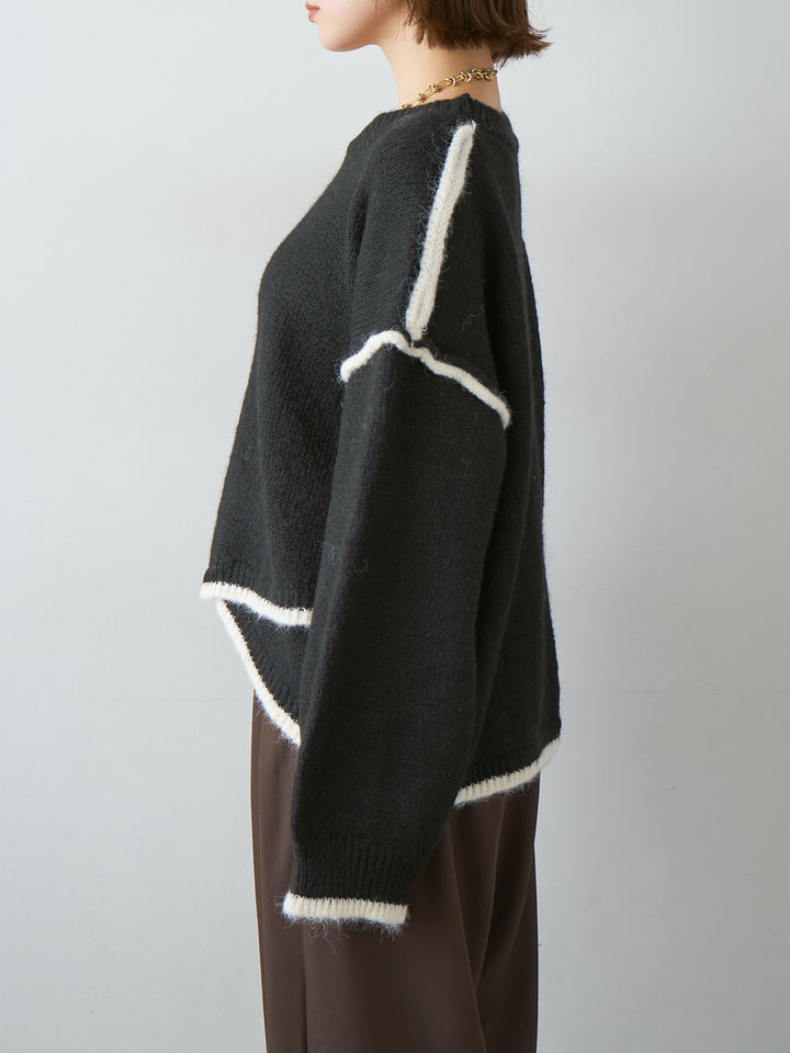 [予約]配色ラインデザインヘムニットプルオーバー/black