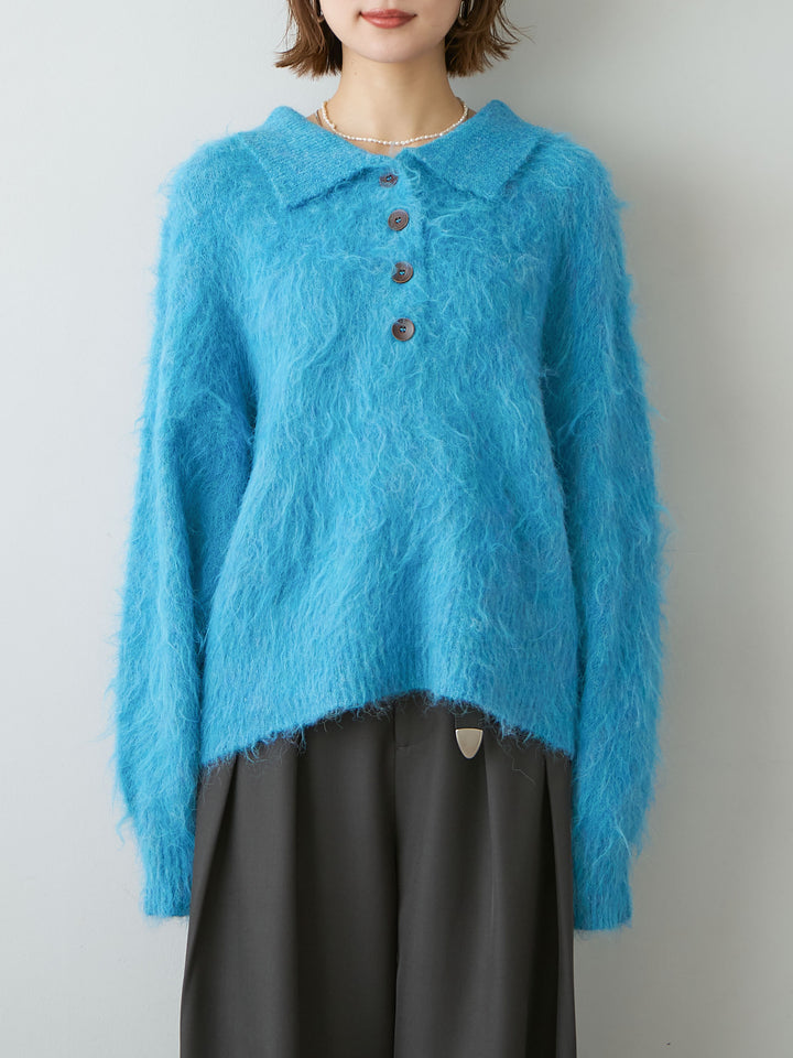 [予約]ヘンリーシャギーニットトップス/blue