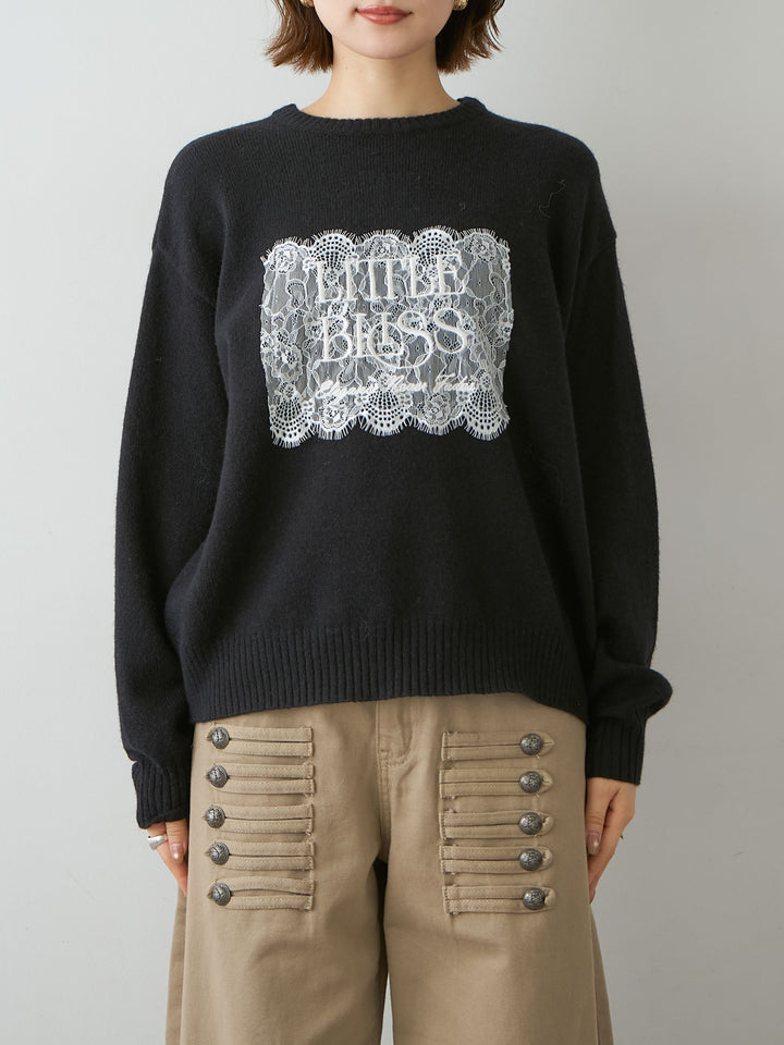 [予約]アルパカタッチ刺繍レースロゴニットプルオーバー/black