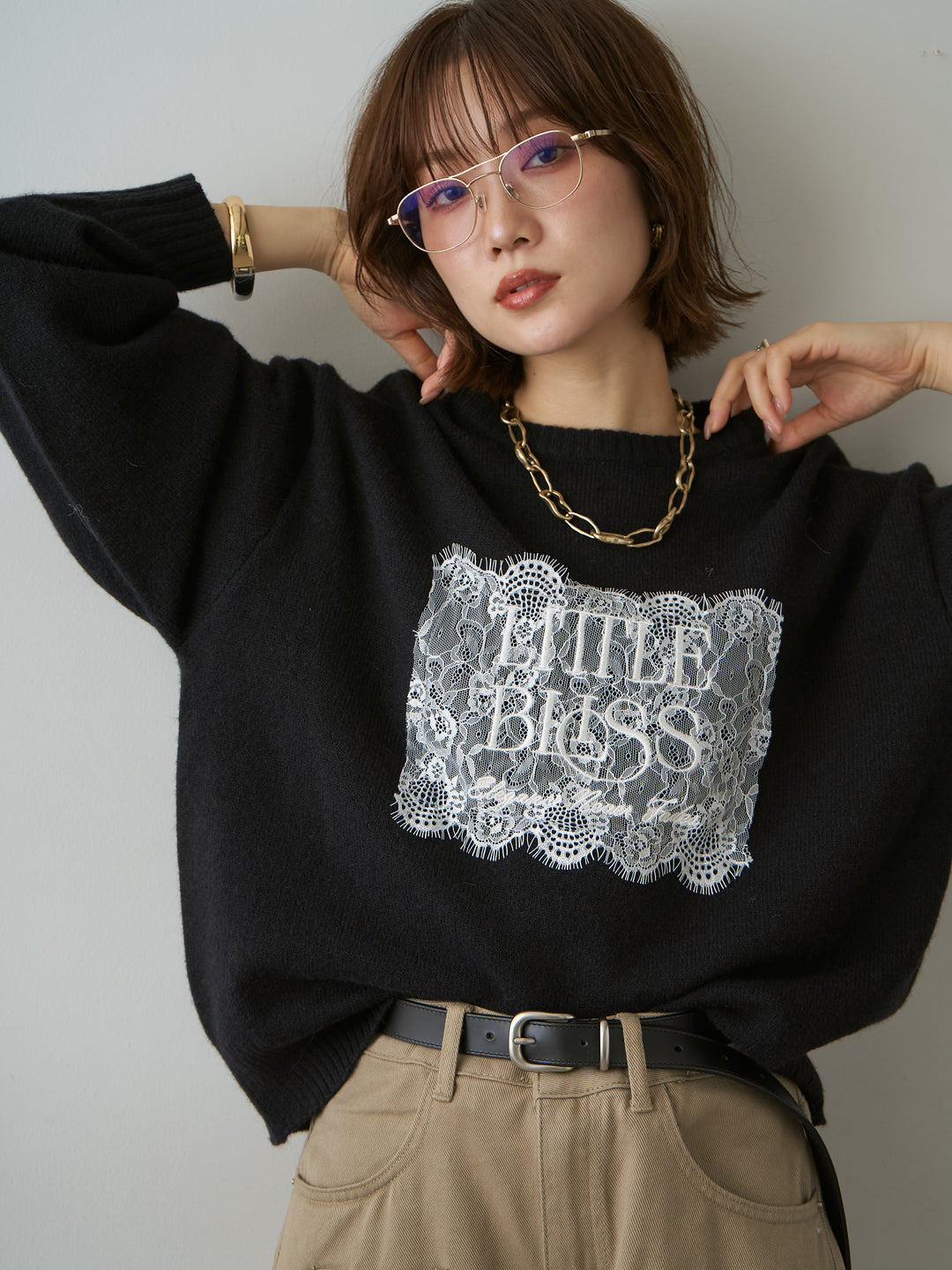 [SET]アルパカタッチ刺繍レースロゴニットプルオーバー+ナポレオンコットンカーブパンツ(2set)