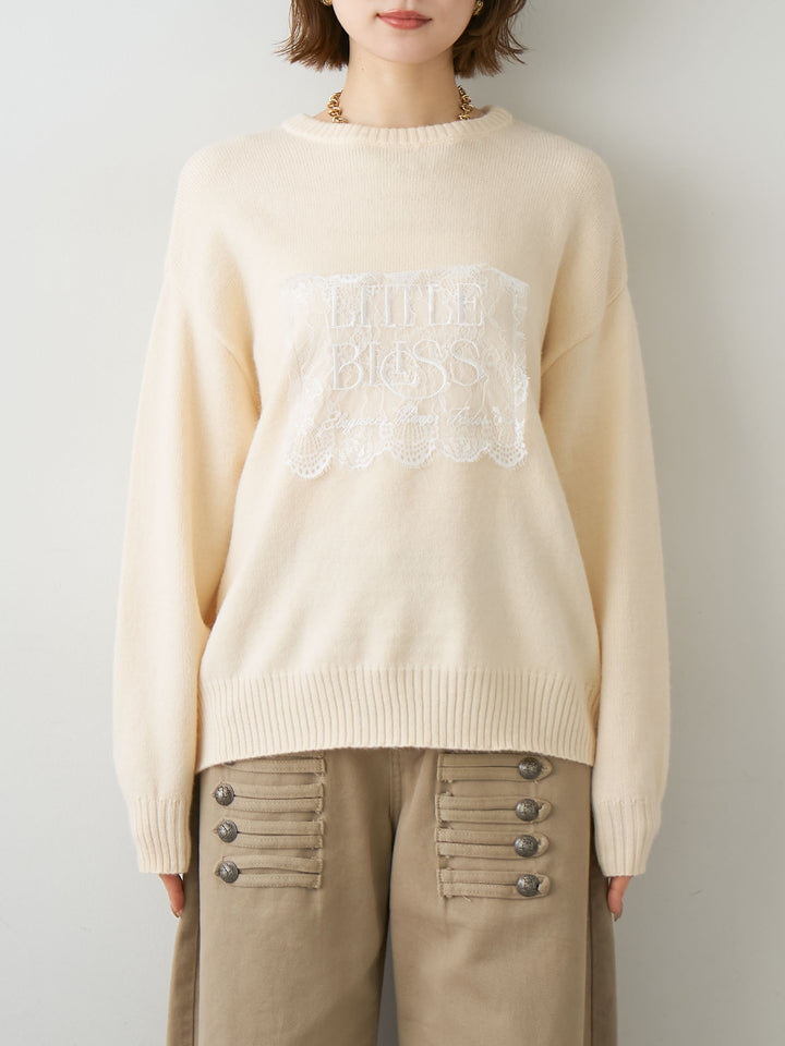 [予約]アルパカタッチ刺繍レースロゴニットプルオーバー/ivory