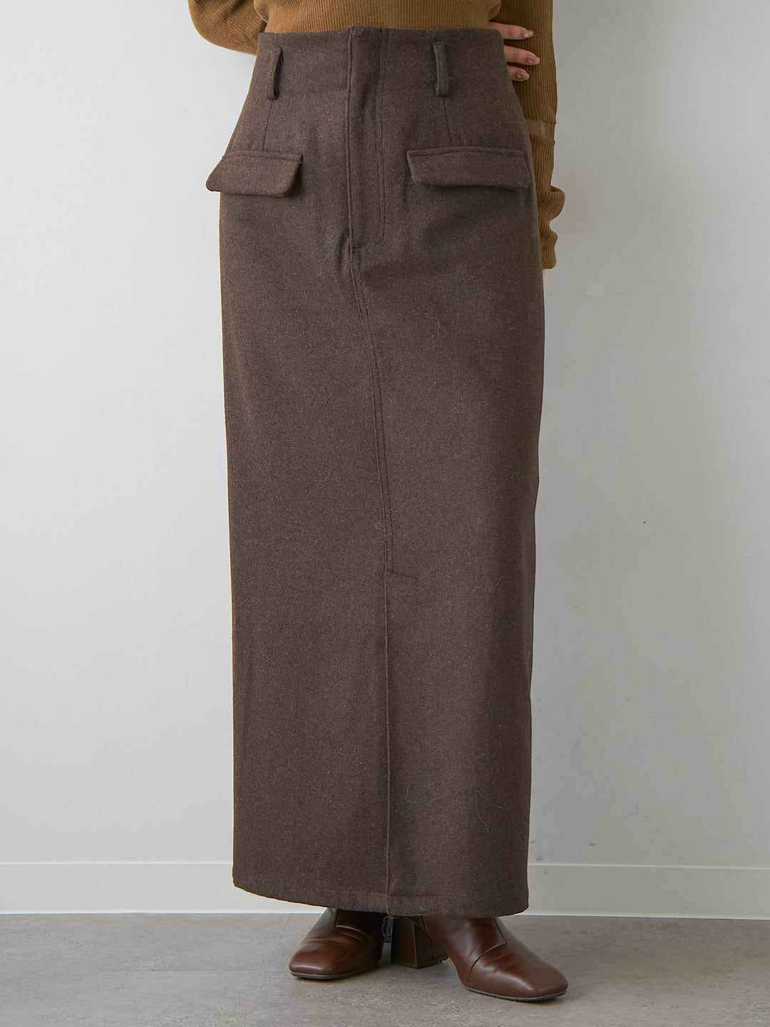 [予約]メルトンフラップ付ストレートスカート/brown