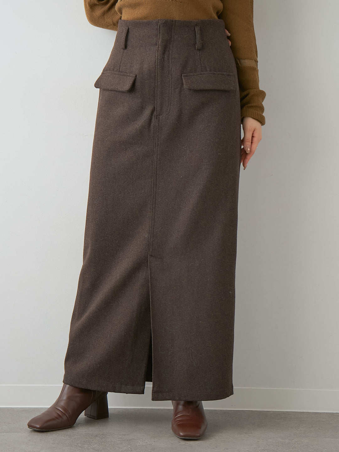 [予約]メルトンフラップ付ストレートスカート/brown