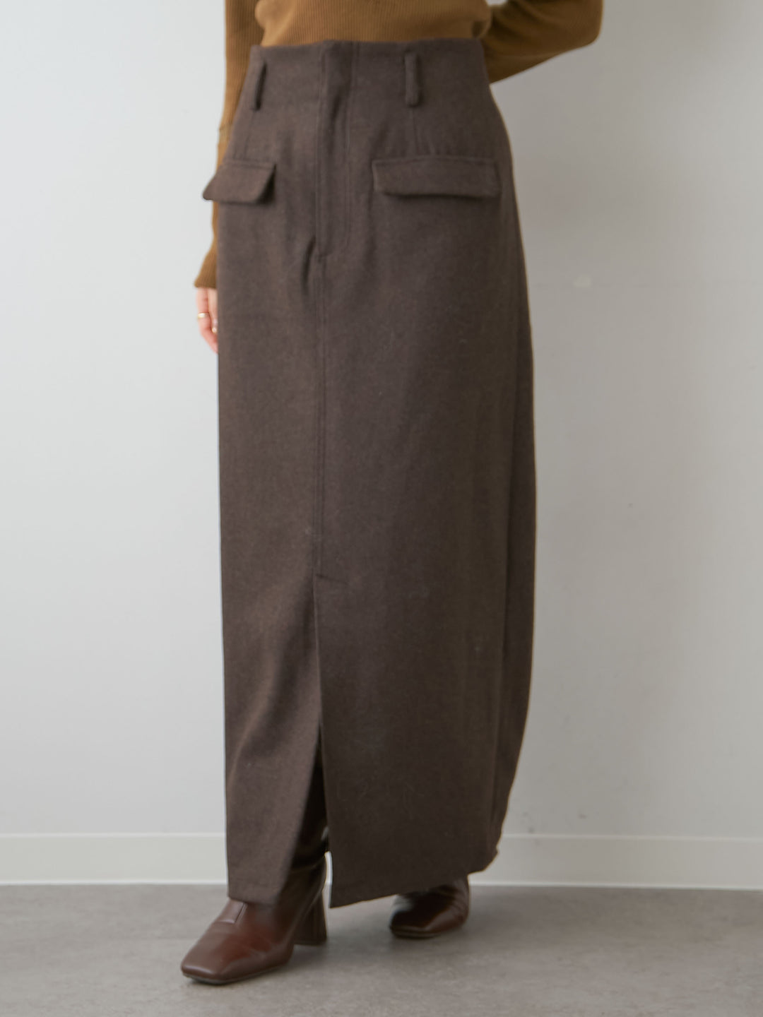 [予約]メルトンフラップ付ストレートスカート/brown