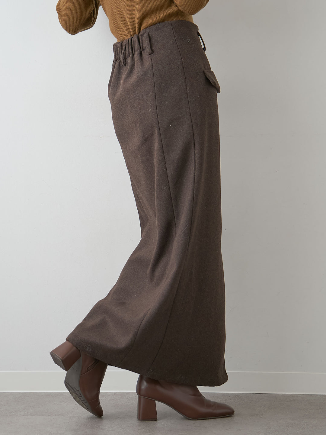 [予約]メルトンフラップ付ストレートスカート/brown