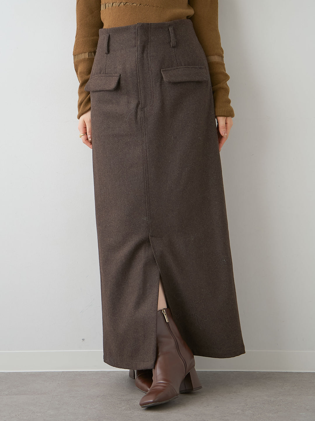 [予約]メルトンフラップ付ストレートスカート/brown