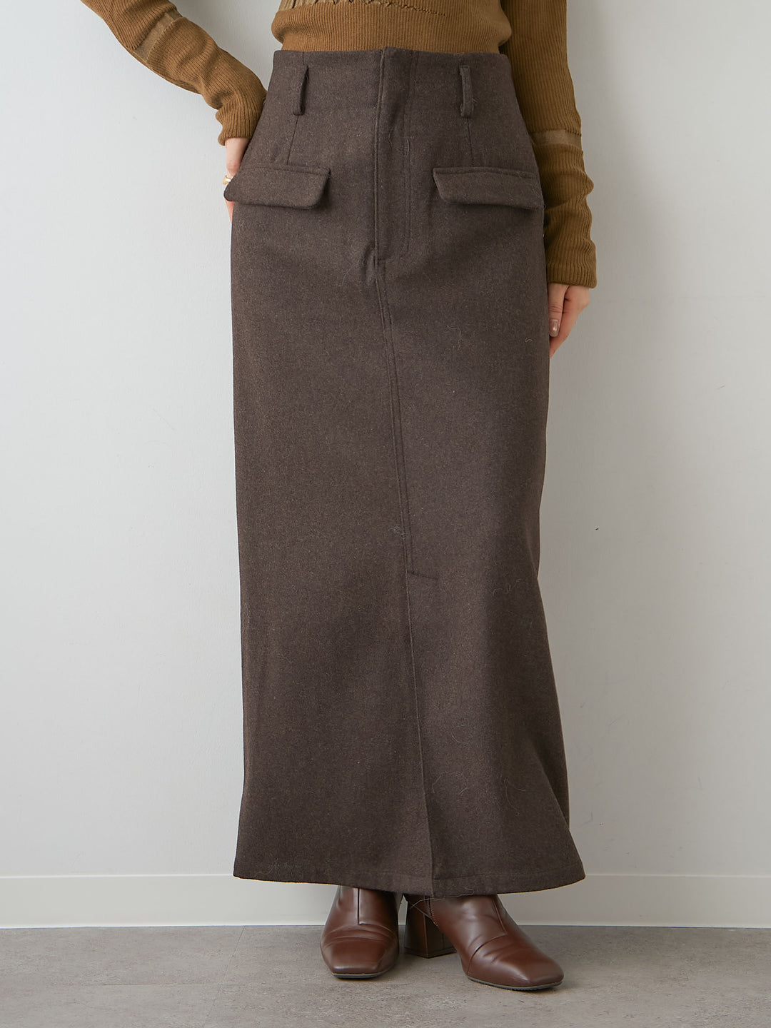 [予約]メルトンフラップ付ストレートスカート/brown