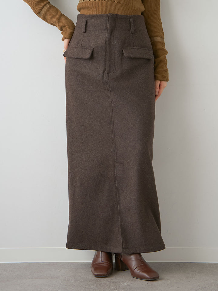 [予約]メルトンフラップ付ストレートスカート/brown