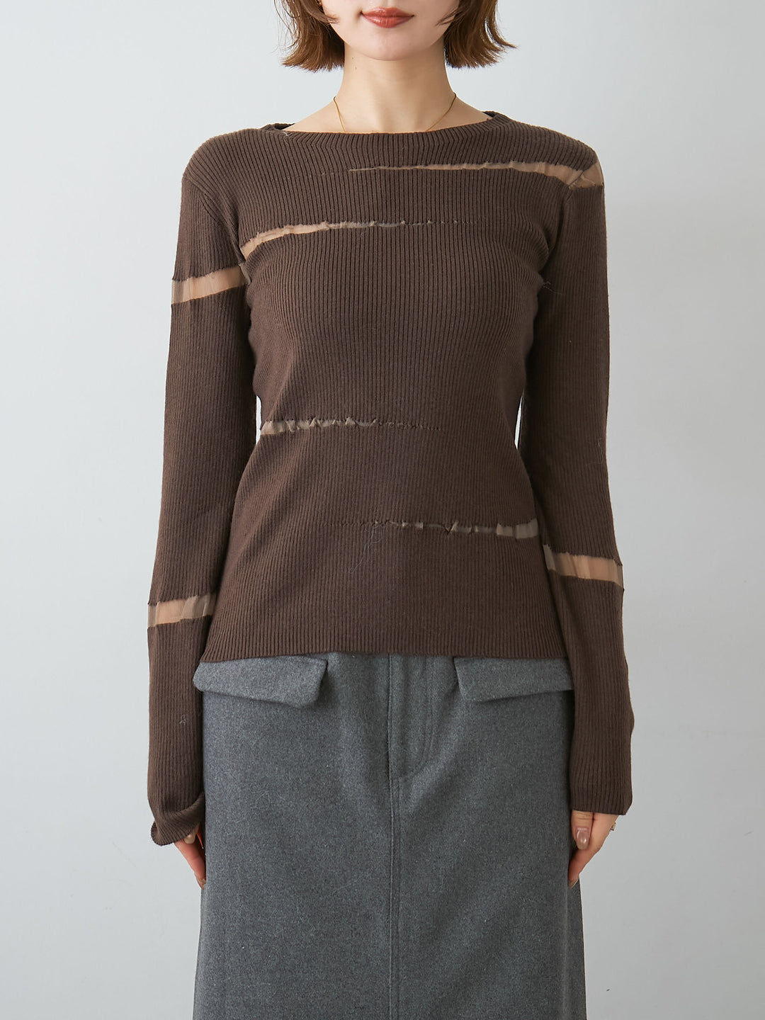 [予約]クラッシュデザインニットトップス/brown