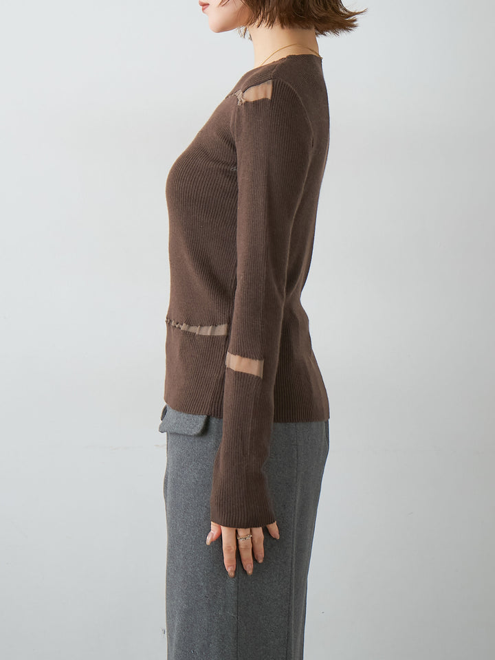 [予約]クラッシュデザインニットトップス/brown