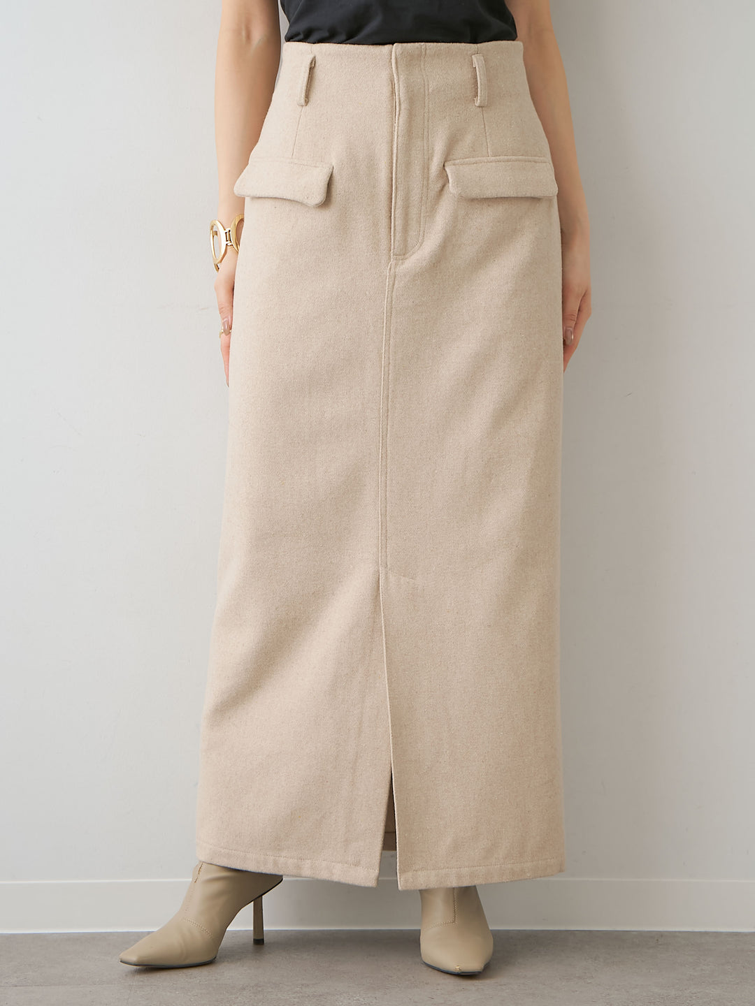 [予約]メルトンフラップ付ストレートスカート/beige