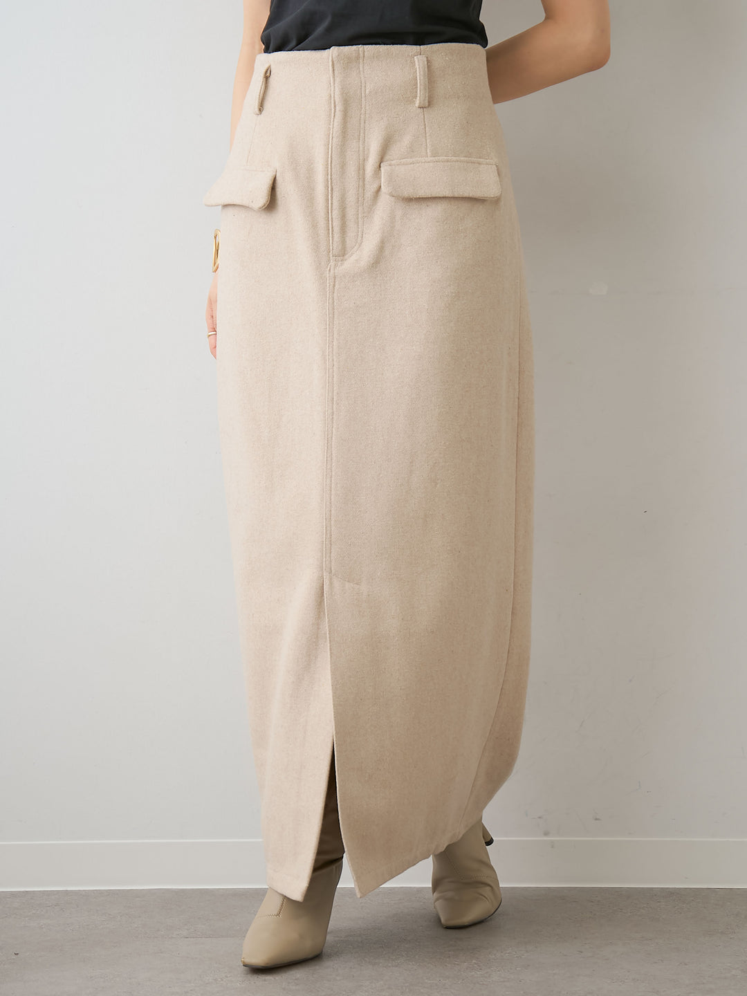 [予約]メルトンフラップ付ストレートスカート/beige
