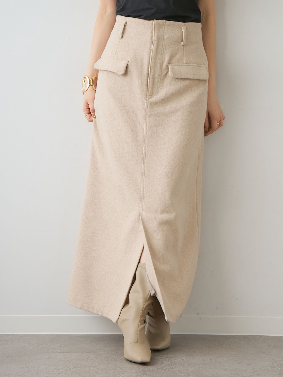 [予約]メルトンフラップ付ストレートスカート/beige