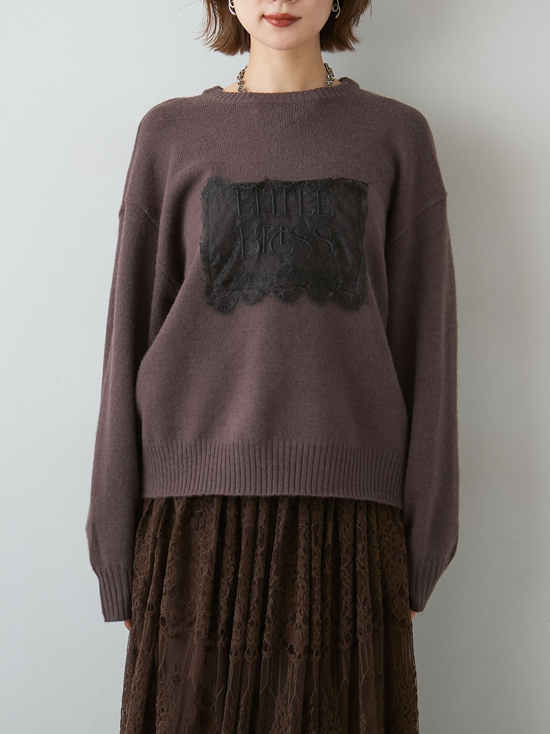 [予約]アルパカタッチ刺繍レースロゴニットプルオーバー/brown