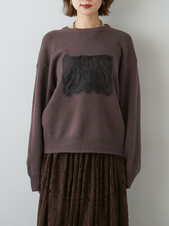 [予約]アルパカタッチ刺繍レースロゴニットプルオーバー/brown