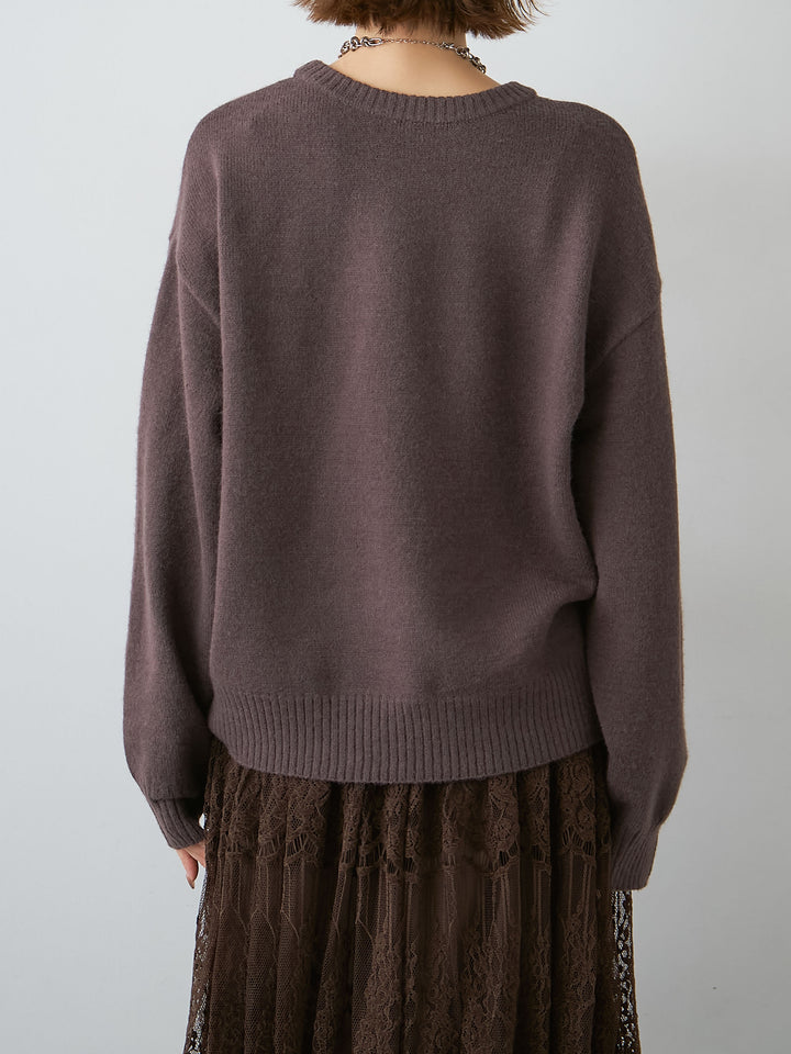 [予約]アルパカタッチ刺繍レースロゴニットプルオーバー/brown