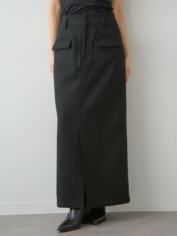 [予約]メルトンフラップ付ストレートスカート/black