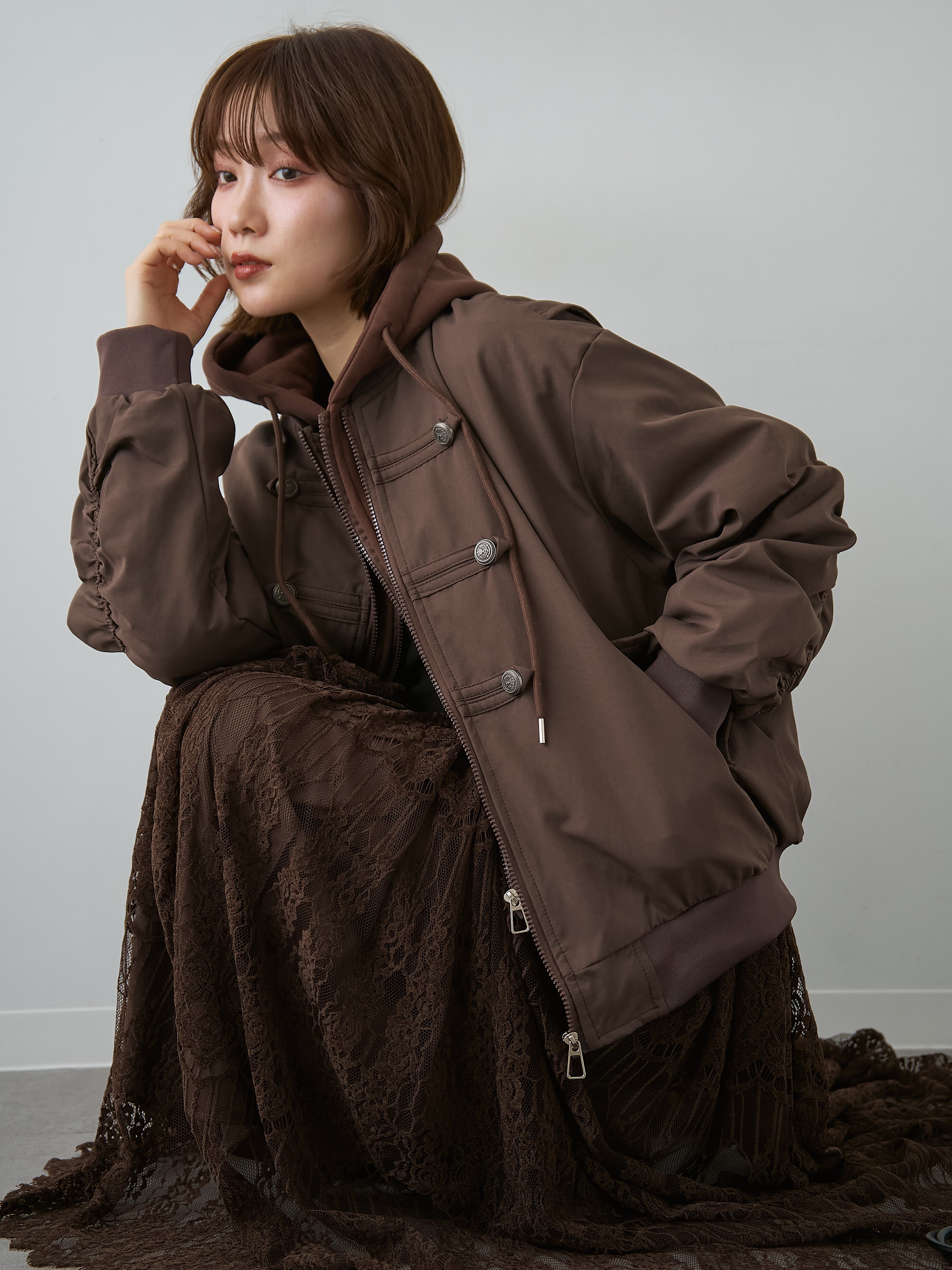 SET]ナポレオンジップレイヤードブルゾン+ベロアレースドレープフレア