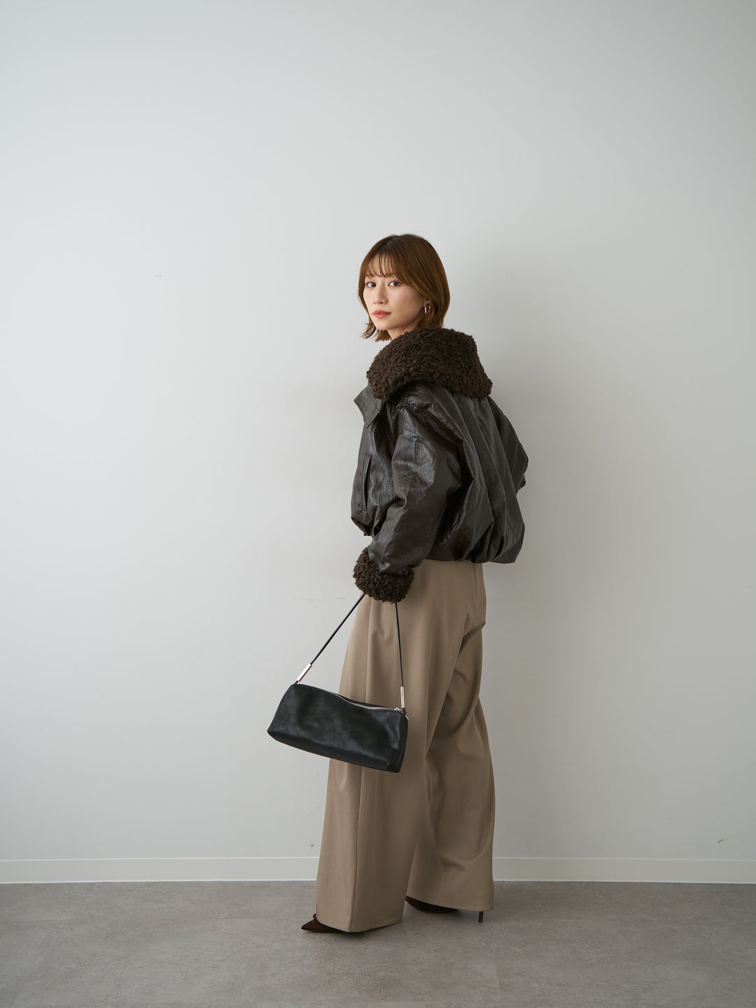 [予約]レザータッチショートファーライナーブルゾン/brown