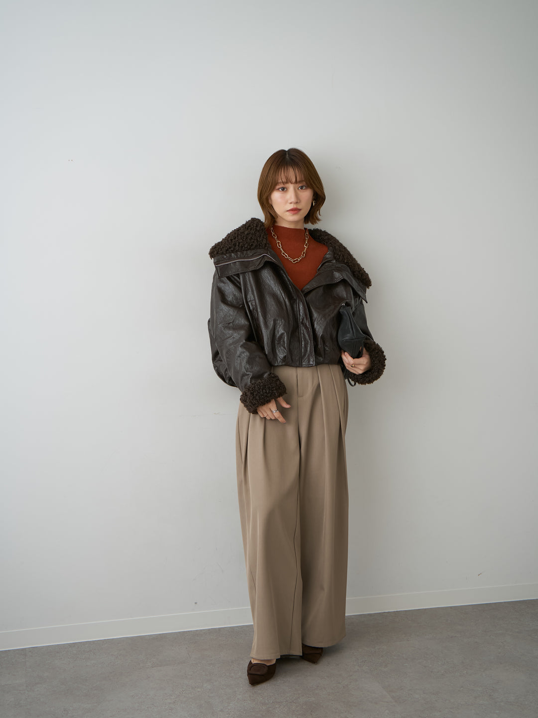[予約]レザータッチショートファーライナーブルゾン/brown