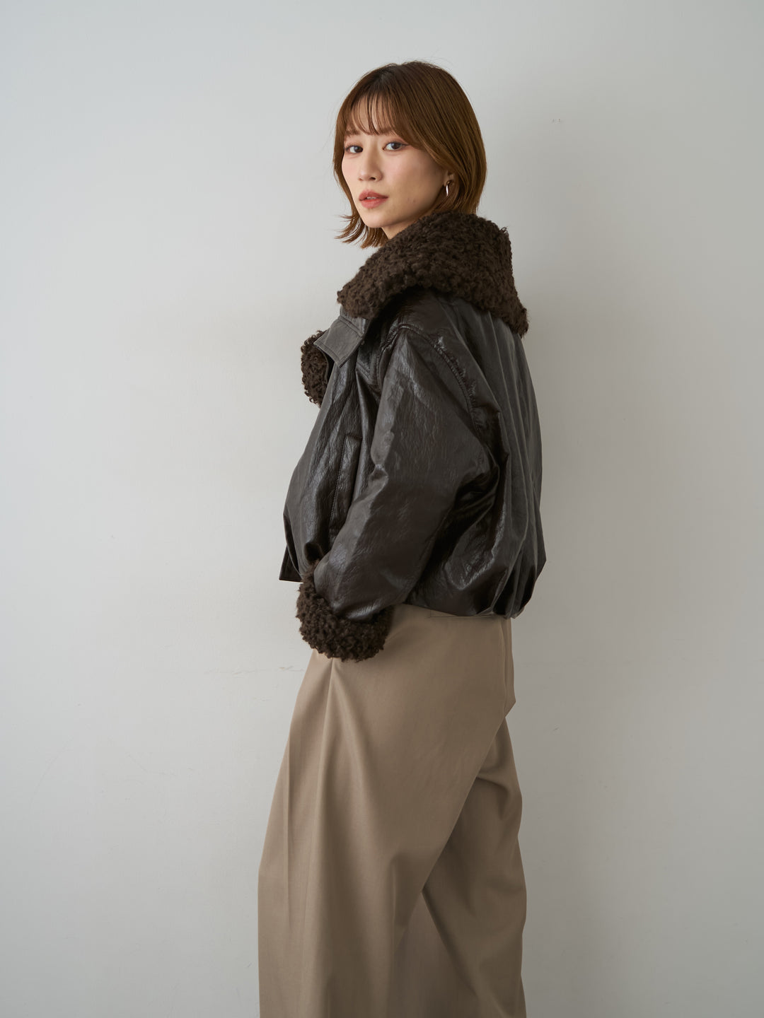 [予約]レザータッチショートファーライナーブルゾン/brown