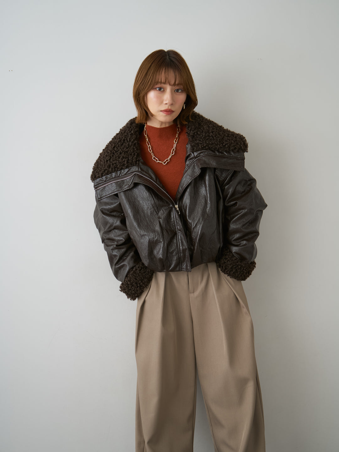 [予約]レザータッチショートファーライナーブルゾン/brown