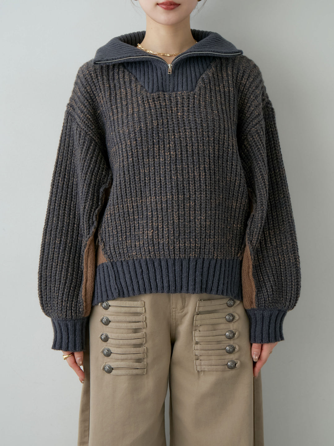 [予約]バイカラーハーフジップリブニットトップス/navy